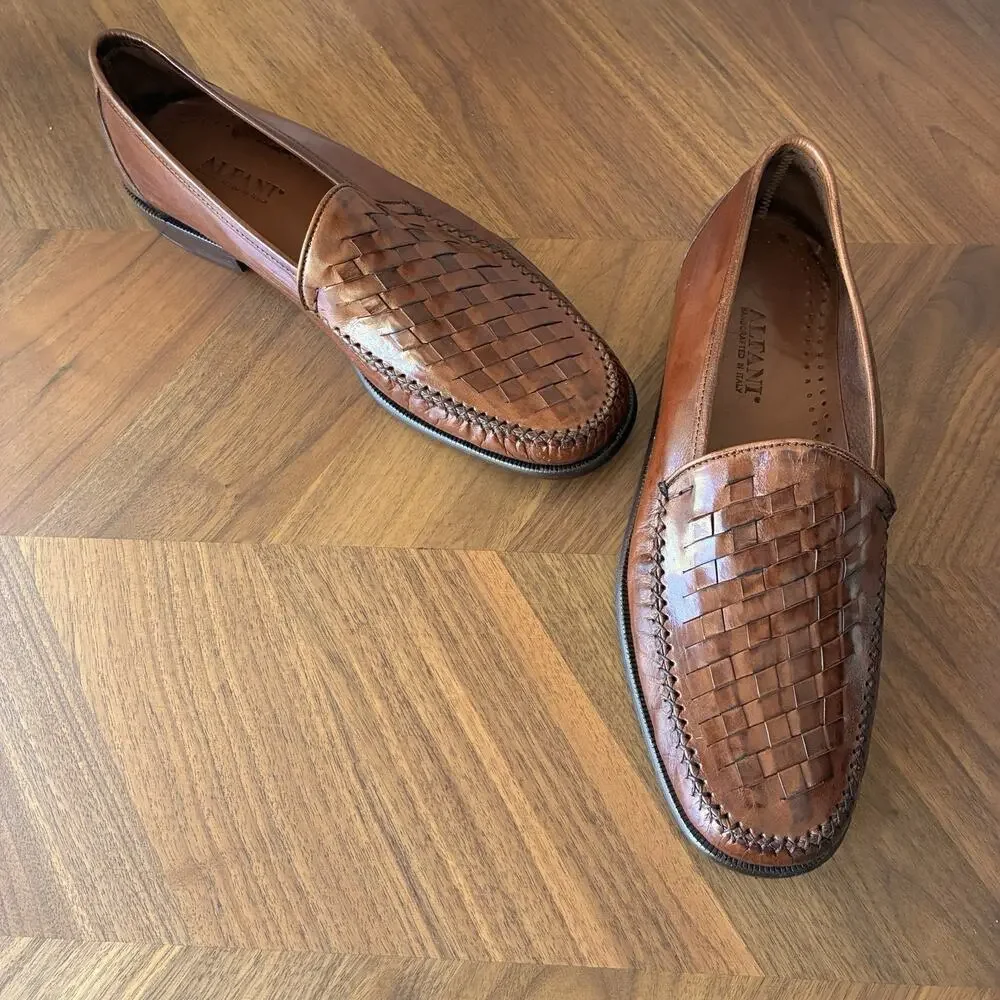 Alfani Men's Dress Shoes Basketweave Hand Woven Slip-On Loafers Brown Size 10 ½